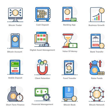 Maliye ve Bitcoin Düz Simgeleri Paketi 