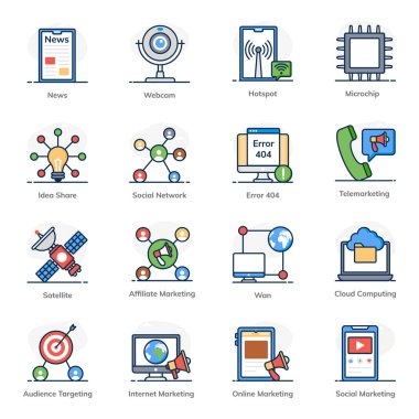 Modern Düz Biçimli Ağ ve İletişim Simgeleri 