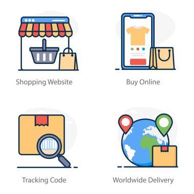 Alışveriş ve Teslimat Moda Düz Simgeleri 