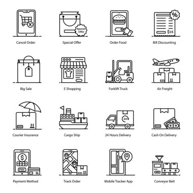 Teslimat ve Ticaret Simgeleri Moda Düz Paketinde 