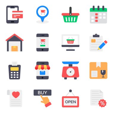 Çevrimiçi Alışveriş ve Ticari Düz Simgeler Ayarlandı 