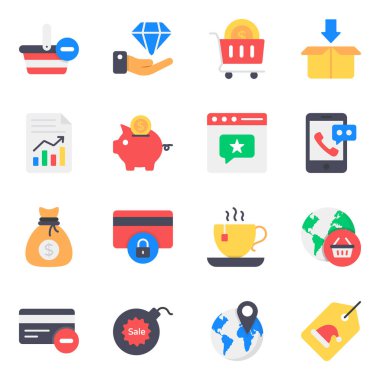 İş ve Alışveriş Düz Simgeleri Ayarlandı 