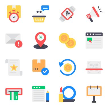 Ticaret ve Tanıtım Düz Simgeleri Ayarlandı 