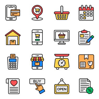 Çevrimiçi Alışveriş ve Ticari Düz Simgeler Ayarlandı 