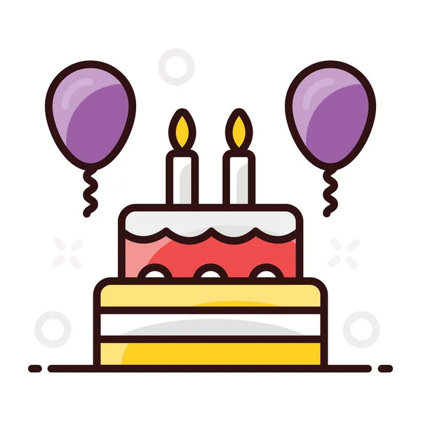 キャンドル付きのパーティーケーキと風船 パーティーケーキの平らなデザイン — ストックベクタ