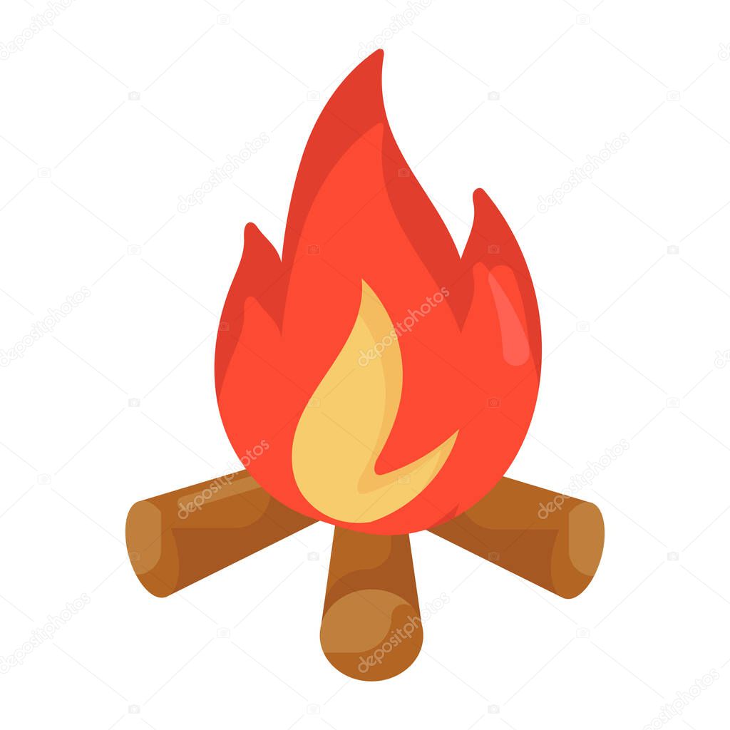Campfire, wood logs with fire flame icon in flat design.