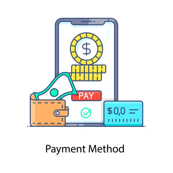 Icône Paiement Mobile Portefeuille Espèces Dans Design Plat Mode Paiement — Image vectorielle