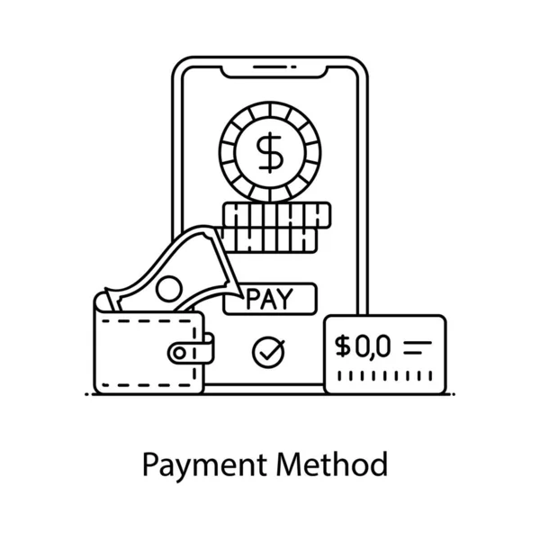 Pagamento Móvel Carteira Dinheiro Ícone Design Plano Método Pagamento Line — Vetor de Stock