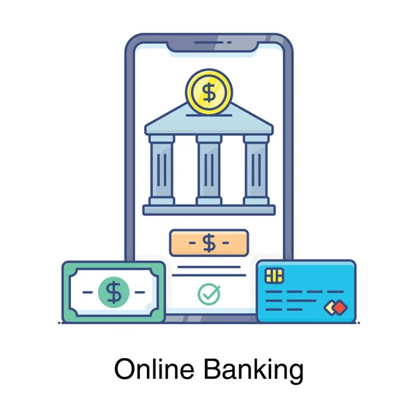 Vlakke Stijl Van Online Bankieren Bankgebouw Mobiele Telefoon — Stockvector