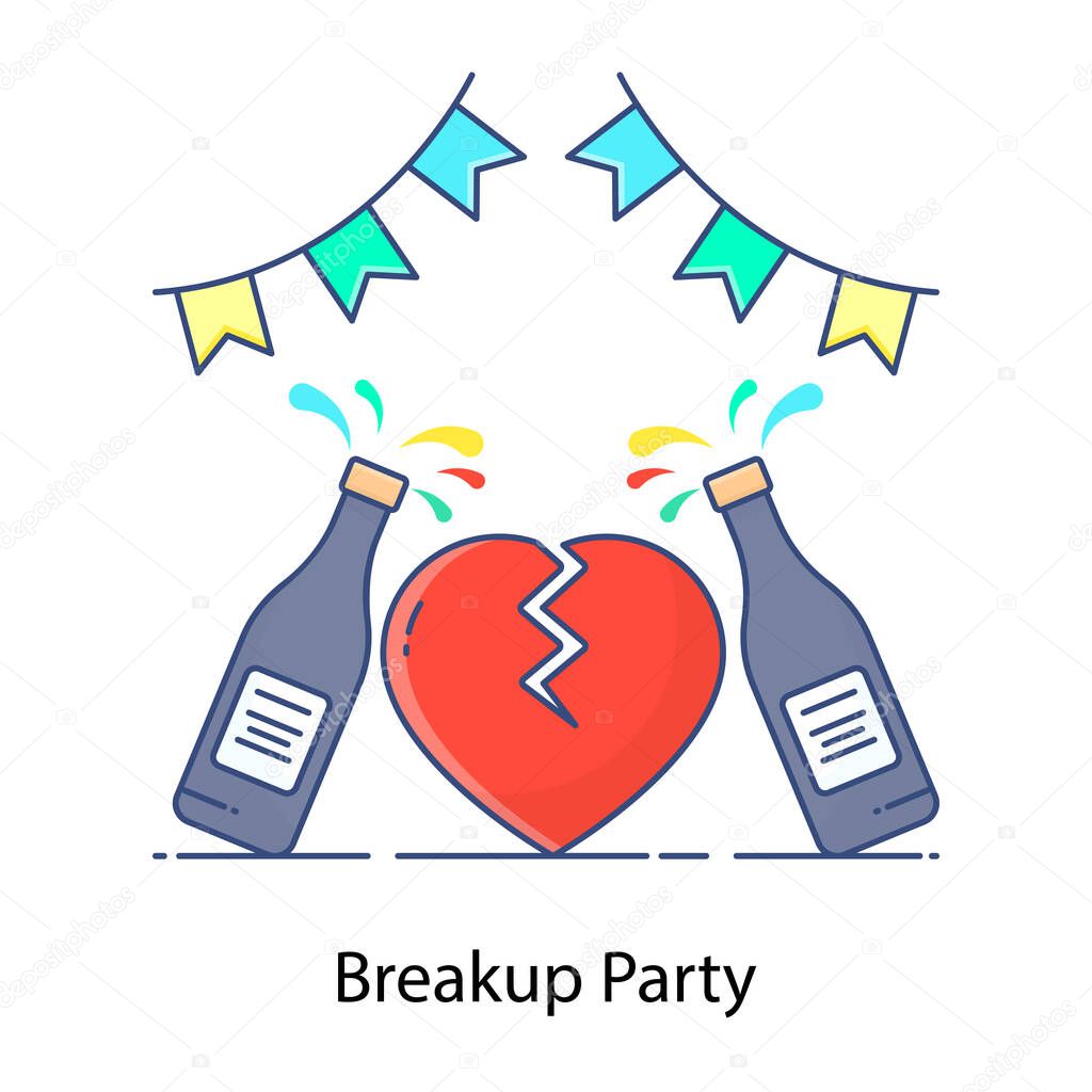 Broken heart with bottles, vector style of breakup party 
