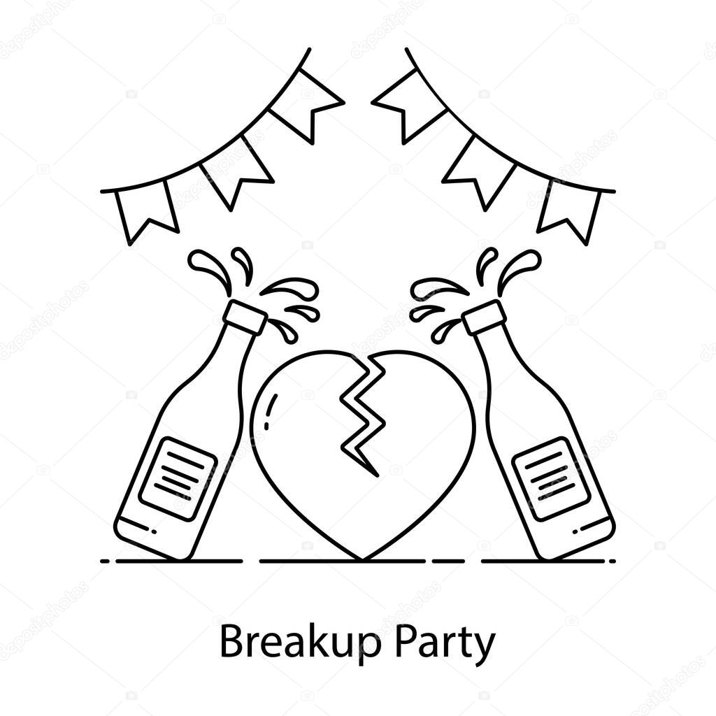 Broken heart with bottles, vector style of breakup party 