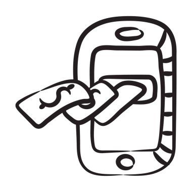 Akıllı telefonun içinde dolar, modadan karalama çizgisi tarzında mobil bankacılık 