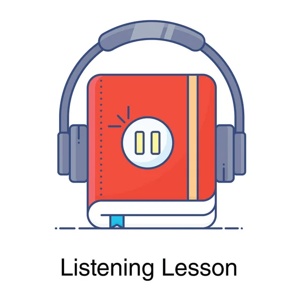 Diseño Plano Moda Libro Con Auriculares Icono Aprendizaje Audio — Vector de stock