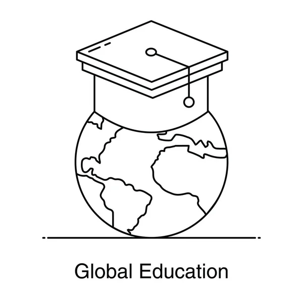 Globe Met Mortierbord Waarop Het Icoon Van Het Wereldwijde Onderwijs — Stockvector