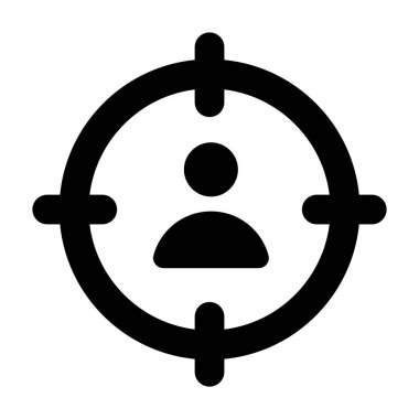 Modern glyph vektöründe müşteri simgesini hedef al, odak altında olan kişi 