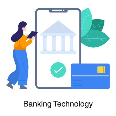 Akıllı telefonun içindeki banka binası, bankacılık teknolojisinin düz tasarımı. 