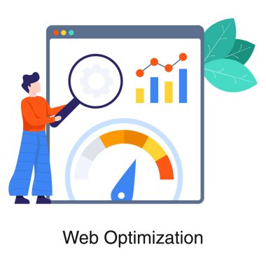 Düz vektör içinde Web optimizasyonu illüstrasyonu, dişli web sayfasında hız göstergesi 