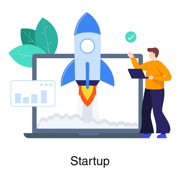 Rocket Jön Laptop Jelölő Koncepció Startup Illusztráció — Stock Vector