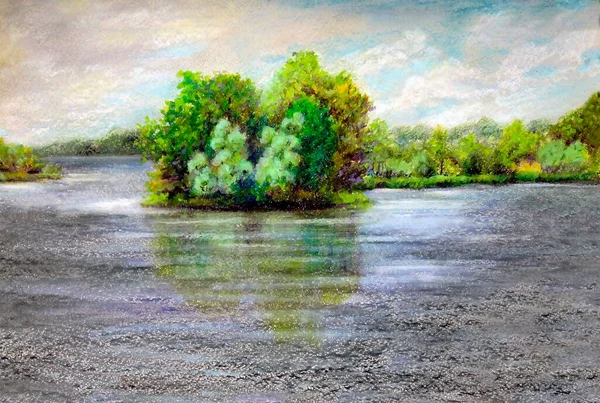 Island Landscape Nature Drawing Oil Pastels Paper — Stok fotoğraf