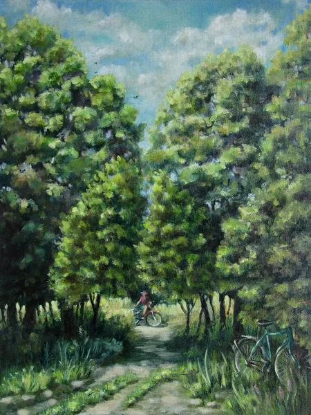 Caminhe Floresta Bicicleta Pintura Óleo Sobre Tela — Fotografia de Stock