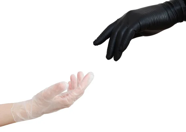 Two hands in sterile gloves stretch to each other. — Stock Photo, Image