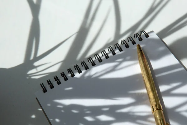 Notizblock, Stift und Blume Schatten auf einem hellen Hintergrund Draufsicht. Plakat — Stockfoto