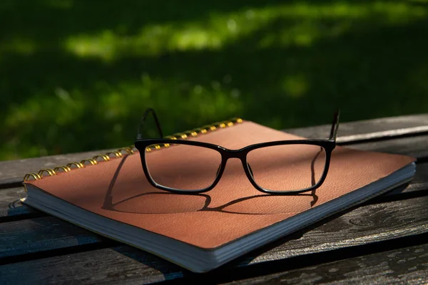 Okulary leżą na skórzanym notatniku na ławce w parku w słoneczny dzień — Zdjęcie stockowe