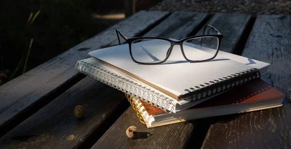Occhiali si trovano sulla cima di una pila di libri con un taccuino su una panchina nel parco — Foto Stock