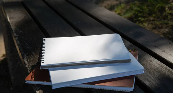 Libros y cuadernos en un banco del parque en un día soleado —  Fotos de Stock