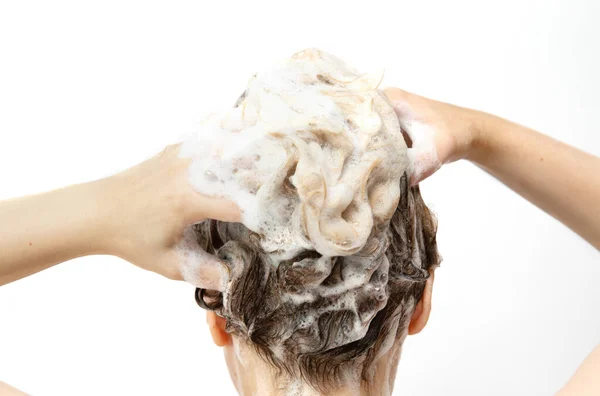 Dedos no cabelo com shampoo foam.close . — Fotografia de Stock