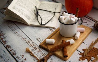 Pencere kenarında marşmelovlu kakao, bir kitap, tarçınlı balkabağı. 