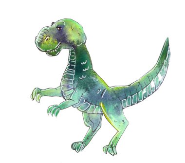 Beyaz arkaplanda karikatür tarzında suluboya soyut dinozor.