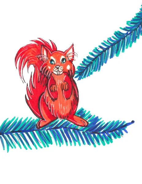 Belo cartão doodle com esquilo colorido no fundo branco . — Fotografia de Stock