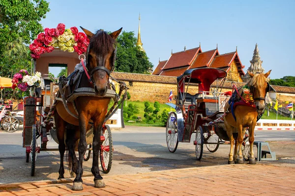 Carruagem Cavalo Frente Wat Phra Que Lampang Luang Uma Antiga — Fotografia de Stock