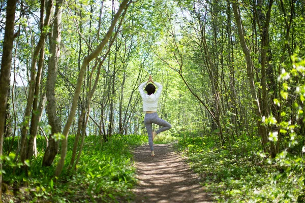 Ormanda yoga yapan bir kadın yoga ağacı pozisyonunda kütüğün üzerinde duruyor. Doğa arka planında fitness yaşam tarzı. Güneşli bir gün. Boşluğu kopyala 