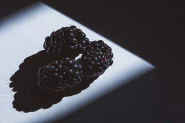 Taze böğürtlen ve gölgeli koyu beyaz arka plan. kontrastlı Fruitf Flat lay, üst görünüm. Boşluğu kopyala