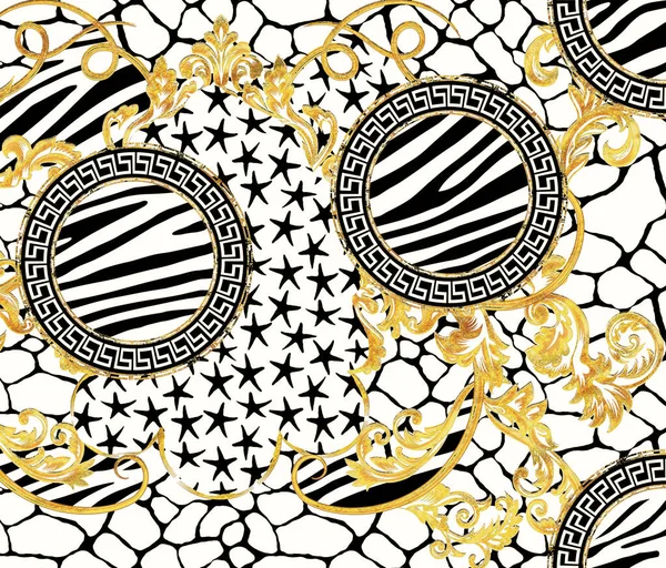 Grafik Zebra Zürafa Derisi Yıldızlar Tasarımı Ile Barok Süsleme Deseni — Stok fotoğraf