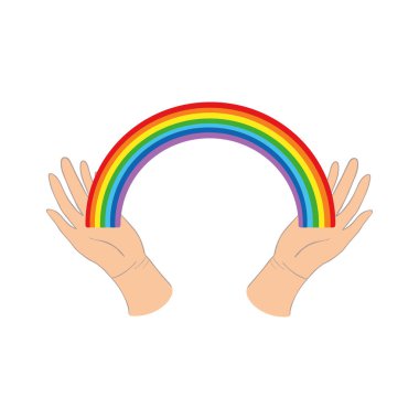 Eller gökkuşağını tutuyor. Parlak gökkuşağının vektör stok çizimi. LGBT işareti. LGBT topluluğu. LGBTQ..