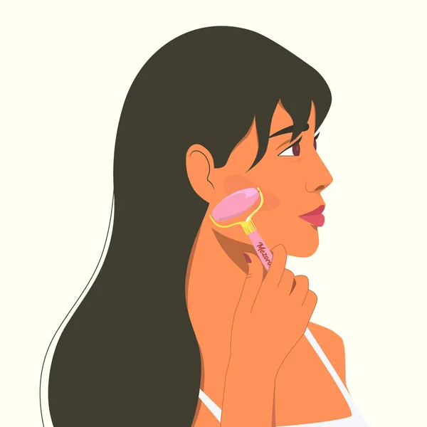 Cara Femenina Rodillo Jade Ilustración Vectorial Color Plano Masaje Facial — Vector de stock