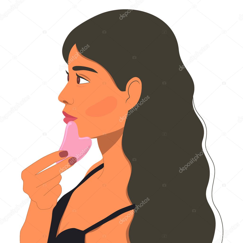 Female face and facial scraper flat color vector illustration. Gua sha massage tool for skin. Home beauty routine. Manual quartz jade stone. Isolated cartoon red girl character on white background