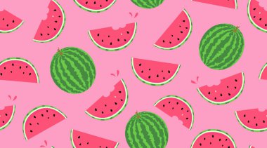 Karpuzlar pembe düz vektör desenli. Beyaz arka planda yaz meyveleri. Böğürtlen dilimleri, çizgi film renkli ikonlu tatlı dokusu. Taze gıda bitkileri ambalaj kağıdı, duvar kağıdı tasarımı