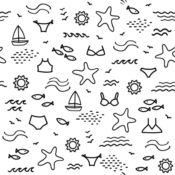 Nautical Doodle Vector Seamless Pattern Letní Mořské Prvky Bílém Pozadí — Stockový vektor