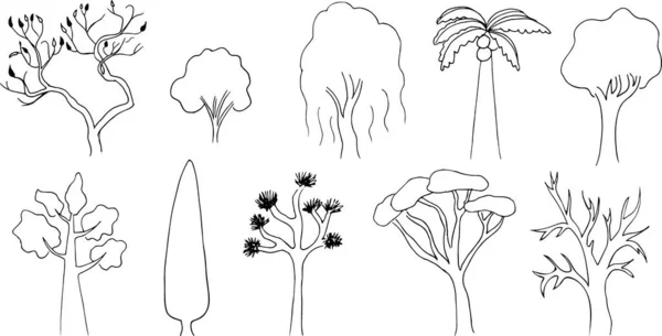 Tree Doodle Outline Vektorsymbole Gesetzt — Stockvektor