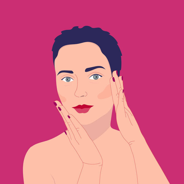 Girl stroking her face flat color vector character