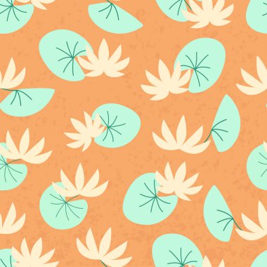 Nilüferlerin çiçekleri düz vektörlü, pürüzsüz desen. Çiçekli el, turuncu arka planda nilüfer çiçeği çizmiş. Çizgi film renk yapraklı doğal doku. Paket kağıdı ve duvar kağıdı tasarımı için moda illüstrasyon
