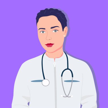 Tıp üniformalı steteskoplu bir kadın. Koyu saçlı güzel doktor. Profesyonel portresi. Hastanede ya da klinikte çalışıyorum. Hastalıkların tedavisi. Coronavirus. Vektör düz resimleme
