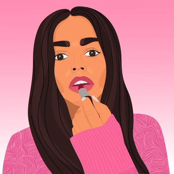 Retrato Una Joven Pintándose Los Labios Mujer Bonita Con Lápiz — Vector de stock