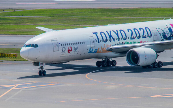 Japan Airlines (JAL) passenger plane decorated with "Tokyo 2020"