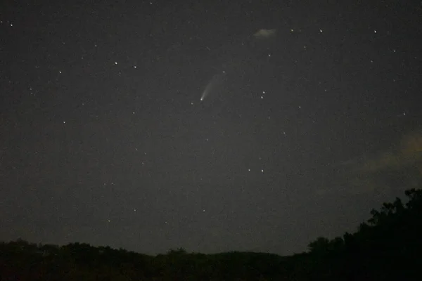 View of the C/2020 F3 (NEOWISE) comet above the clouds from Government canyon state Natural Area, San Antonio, Texas