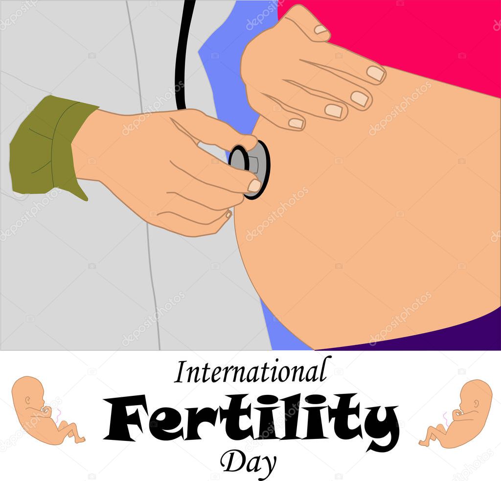 Fertility, illustration of a pregnant woman attended by a doctor, who listens to the beat of her baby